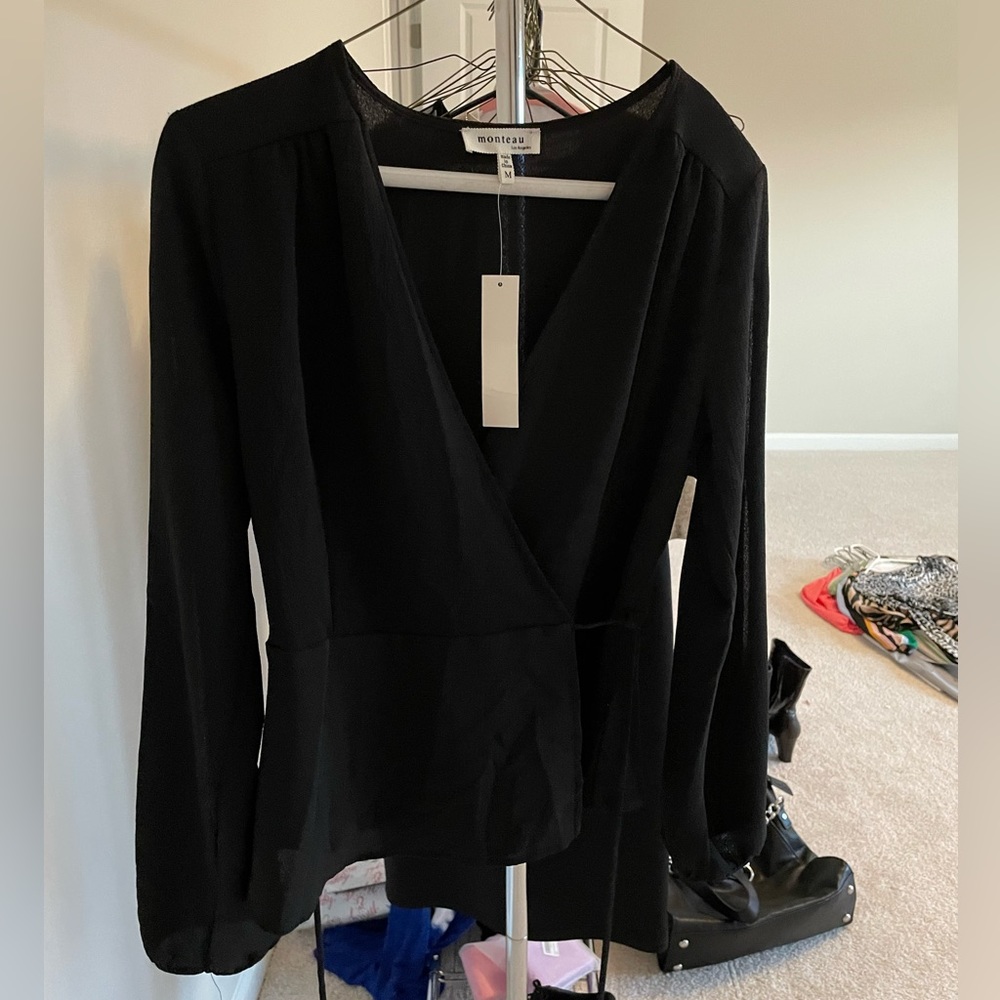 Sheer black wrap blouse.  Very feminine super cute!